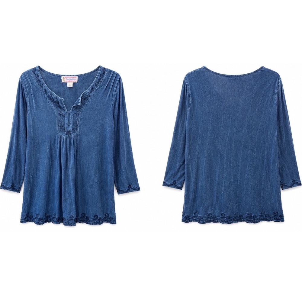 Just Cruisiny Tunic Women Large Embroidered Rayon Peasant Top Blue Boho Smocked